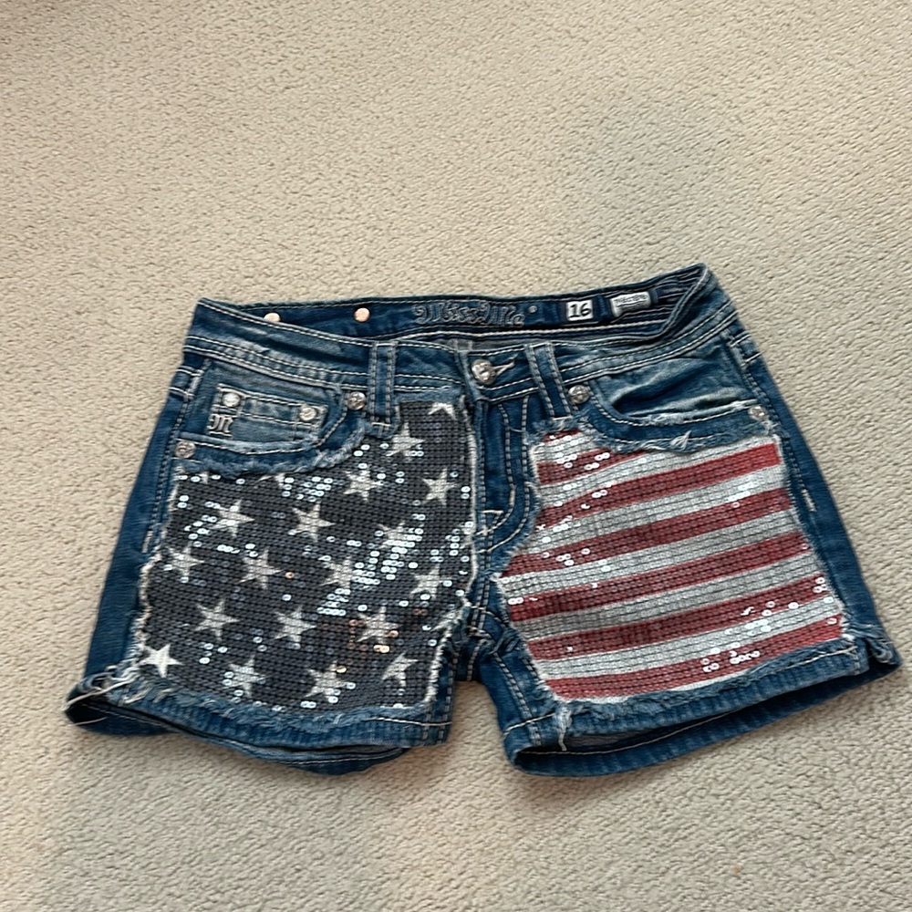 Miss Me Girls Blue Denim Shorts with American Flag Sequin Panels
